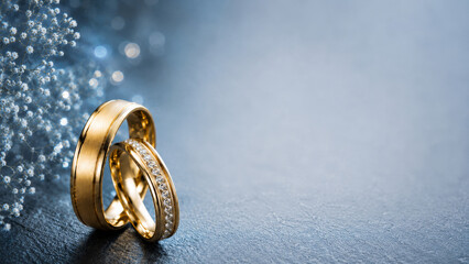 Two golden wedding rings on cool toned blue bokeh background with copy space decorated with dried everlastings. 