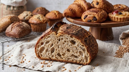 Close-up of freshly baked artisanal sourdough bread cut in half on a linen cloth, surrounded by an assortment of sweet pastries, croissants, and muffins in a rustic bakery setting