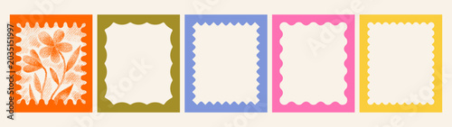 Frame border. Wavy scallop edge shape. Fun bold frames. Grainy blur halftone flower photo art. Cute square rectangle vector border. Boarder pattern, fun bold retro frame sticker, wavy wiggle design bg