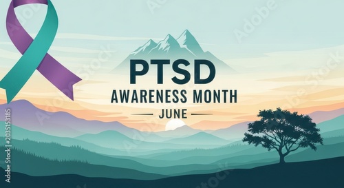 Ptsd awareness month ribbon and landscape in june