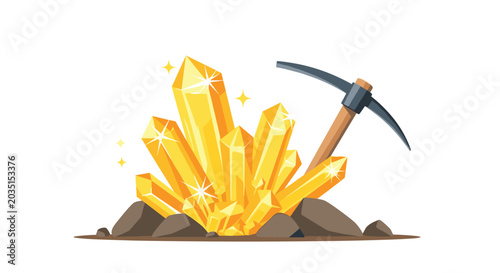 Cluster of shining yellow crystals or gold ore being excavated from a rocky ground with a sharp pickaxe tool for mining industry.