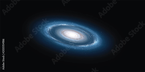 Photos Blue spiral galaxy with blue planet in space and glowing stars in a cosmic unive