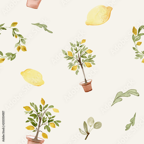 Watercolor Lemon Tree Seamless Pattern