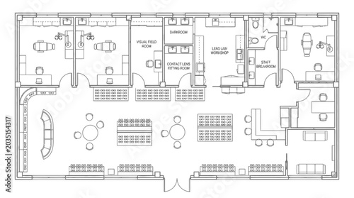 Quadro su tela Architectural floor plan of an optometry clinic with examination rooms fitting r