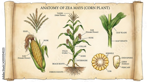 Detailed Colorful Illustration of Corn Plant with Anatomical Parts Showing Its Details

