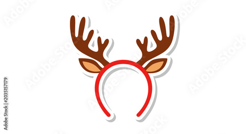 Festive reindeer antlers headband with brown antlers and red band on white background, playful holiday accessory illustration