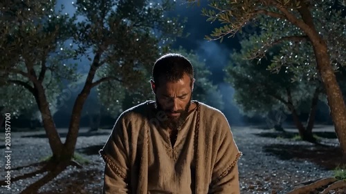 A bearded man in ancient biblical robes kneeling in prayer within a moonlit olive grove at night, representing a scene of spiritual devotion, faith, and quiet contemplation.