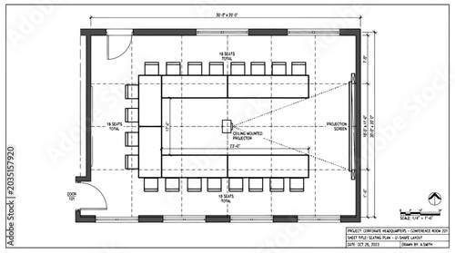 Konstfotografi Detailed floor plan of aU-shaped conference room seating 18 people with dimensio