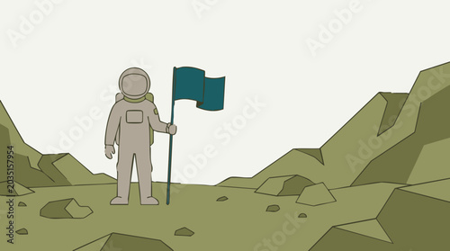 Fotografie Astronaut planting a flag on a desolate alien planet, space exploration concept