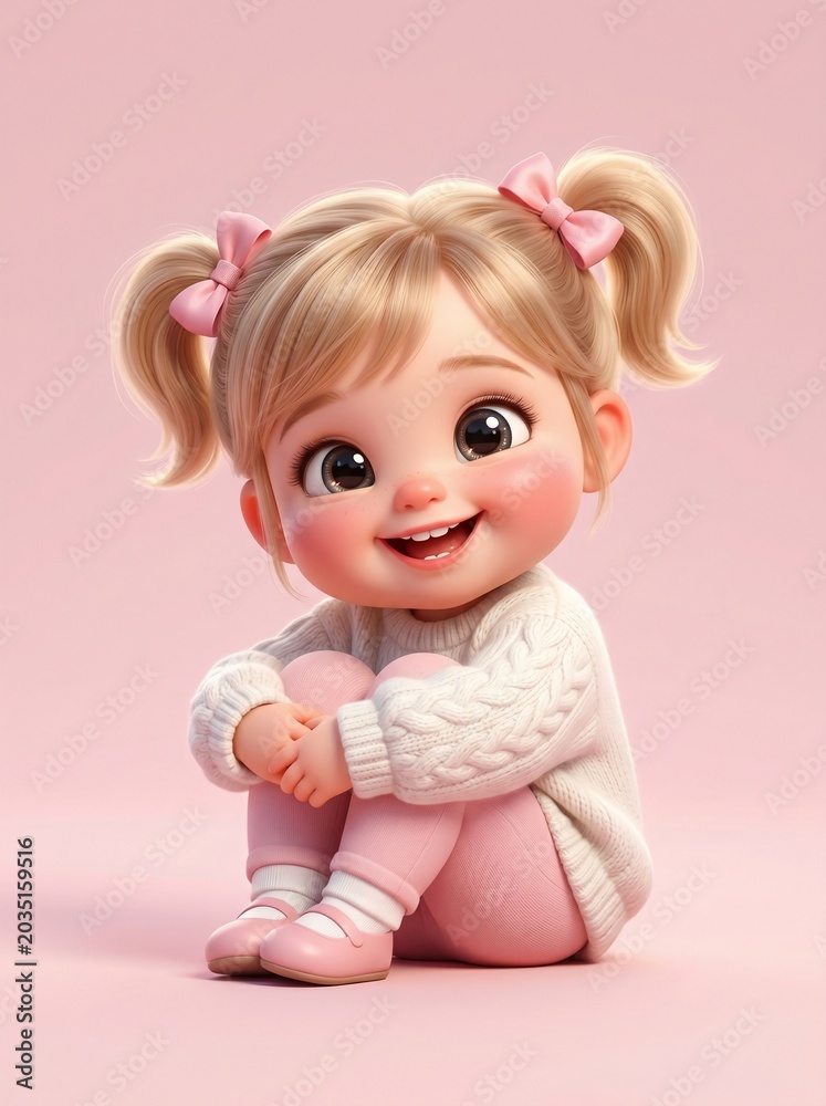 Fototapeta premium Cute Little Girl Sitting on Pink Background