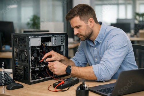 Computer repair technician testing and repairing desktop pc hardware in modern office workspace