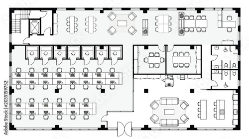Bild auf Leinwand Office floor plan with open workstations, private offices, meeting rooms, lounge