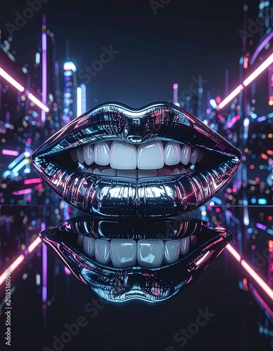 Futuristic chrome lips and teeth with neon reflections, photorealistic abstract digital art in cyberpunk cityscape, surreal close-up concept with metallic shine