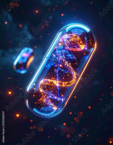Futuristic transparent capsule with glowing DNA strand and particles in dark space, photorealistic pharmaceutical biotechnology medical concept