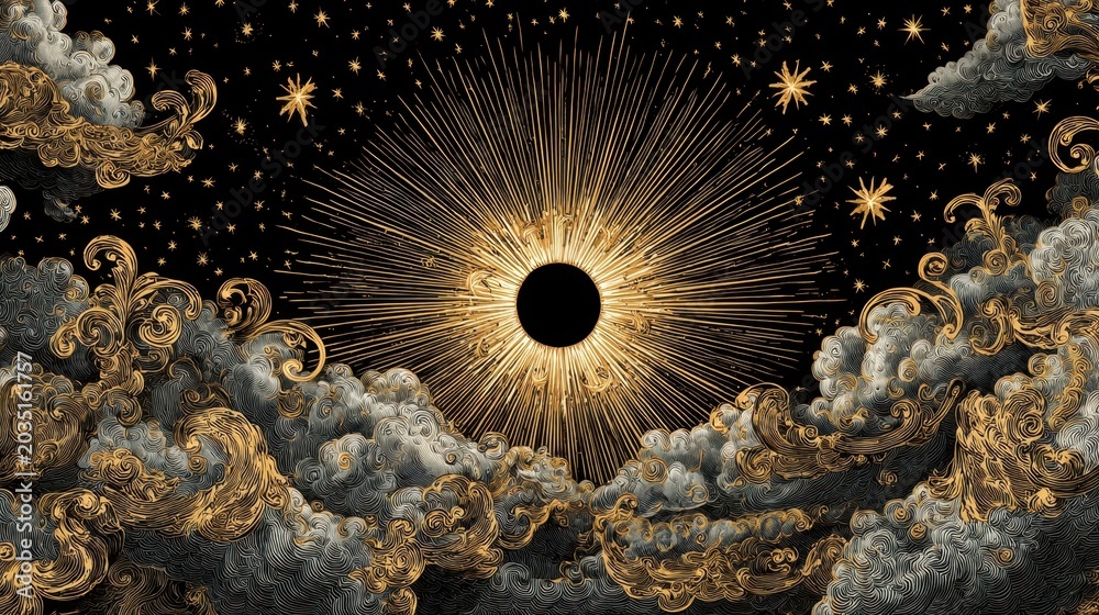 Obraz premium Vintage woodcut style solar eclipse background with golden sun rays black sun moon and luxury baroque clouds. Celestial starry night sky with antique engraved style mystic universe illustration.