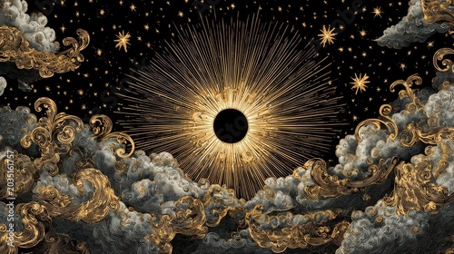Vintage woodcut style solar eclipse background with golden sun rays black sun moon and luxury baroque clouds. Celestial starry night sky with antique engraved style mystic universe illustration.