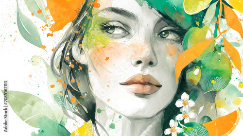 a stylish watercolor painting illustration of a glowing woman surrounded by botanical ingredients for organic skincare
