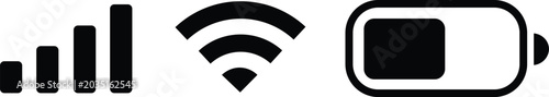 Black icons of signal strength, wifi, and battery on white background
