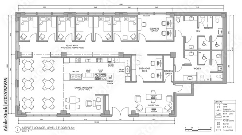 Schilderij op canvas Airport lounge level 3 floor plan with dining buffet quiet area business center