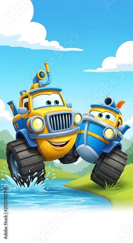 Underwater scene with cartoon submarine and sea creatures.