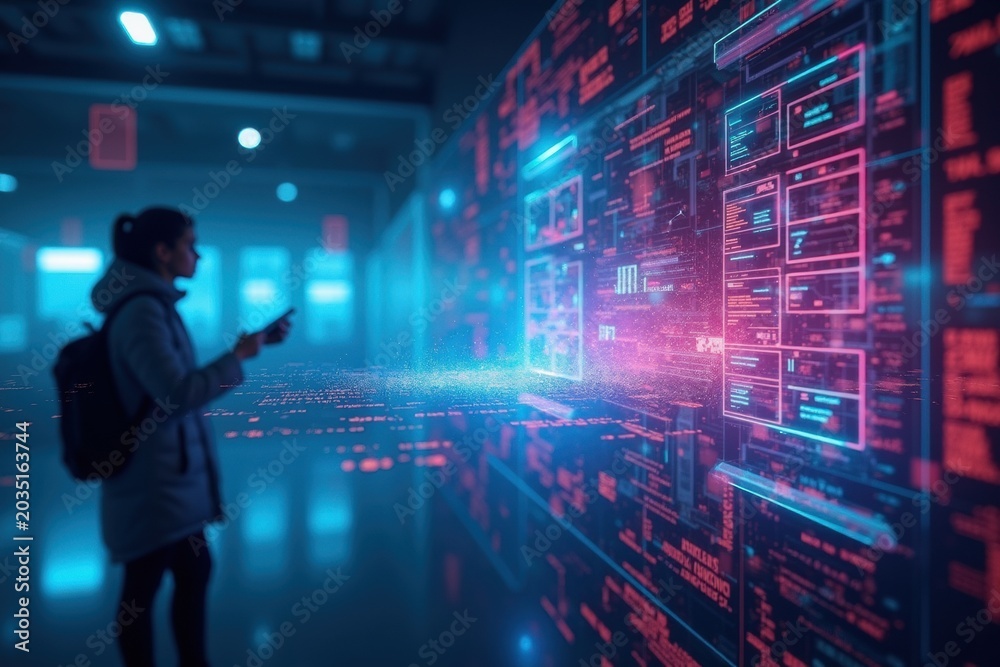 Fototapeta premium Woman looking at a futuristic digital screen with holographic data interface