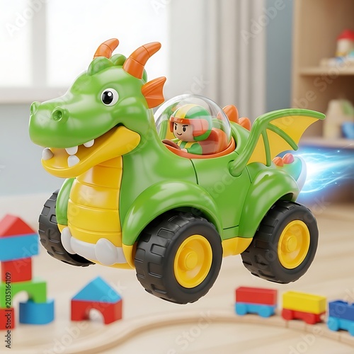 Colorful toy tractor with green body and yellow wheels.