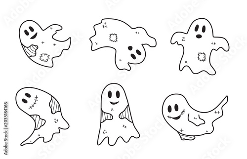 Ghost doodle set. Funny Ghost halloween icons. Cute ghost characters. Design elements for logo, badges, banners, labels, posters. Vector illustration
