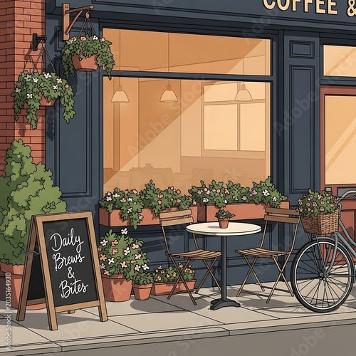 Cozy outdoor cafe with vintage bicycle and plants.