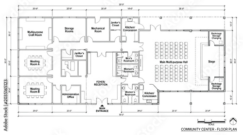Schilderij op canvas Architectural floor plan of a community center with stage meeting rooms and rece