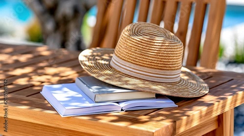 Straw hat resting on books on wooden table by the poolside  