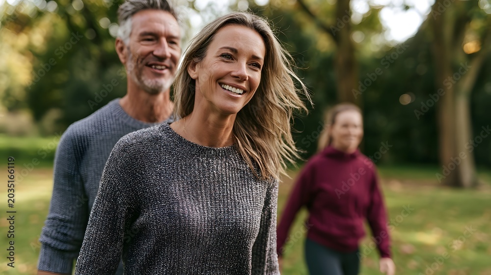 Naklejka premium A happy couple enjoys a bright healthy lifestyle moment outdoors amidst lush greenery under natural daylight