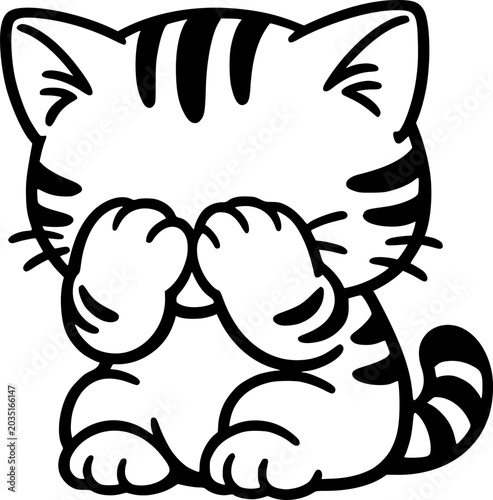 Foto Cute Kawaii Shy Cat Hiding Behind Paws Cartoon Illustration