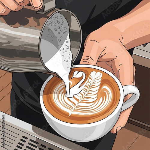 Close up of person holding coffee cup with latte art.
