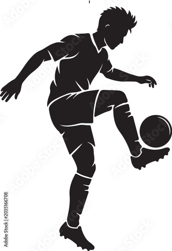 Soccer player silhouette, kicking ball, black vector icon, sports illustration, athletic design element
