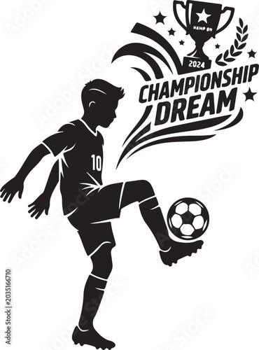 Soccer player silhouette, championship dream trophy, black vector icon, sports emblem, football illustration
