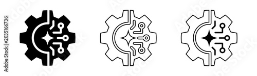 Artificial intelligence gear icons set solid line and outline styles for technology and innovation concepts
