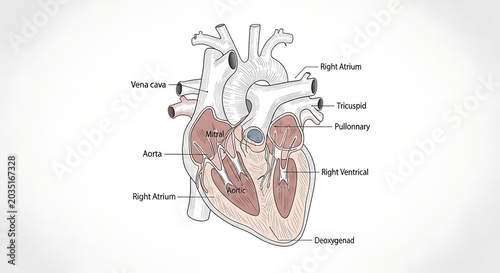 Human heart anatomy diagram with labeled parts.