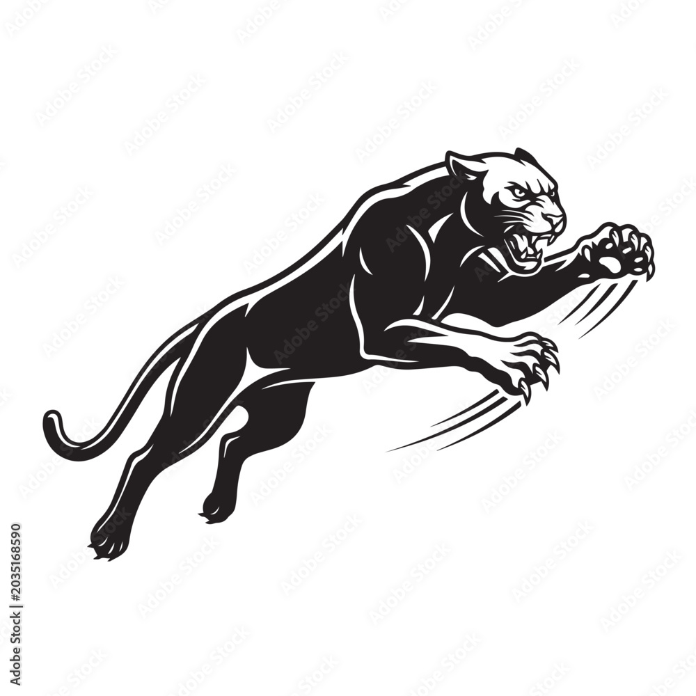 Fototapeta premium Aggressive black panther leaping illustration in vintage style.