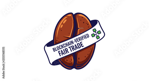 A roasted coffee bean is wrapped in a white banner featuring the text Blockchain-Verified Fair Trade alongside a small green blockchain node icon on a white background.