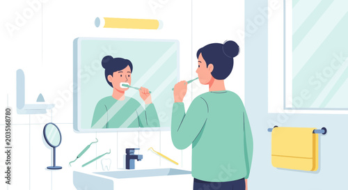 Woman brushing teeth in bathroom mirror, daily hygiene routine concept
