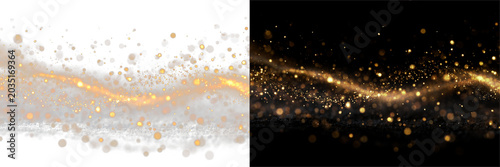 Gold Dust light effect. Golden Line. Bokeh background. Golden glitter trail with sparkles as a transparent PNG overlay. Isolated transparent PNG