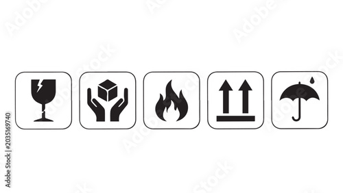 Packing symbol set.  handle with care, keep dry simple signs.