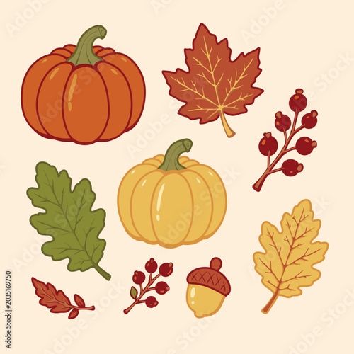 Autumn Pumpkin Clipart Set with Fall Leaves, Acorn and Red Berries