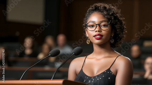 Confident young adult African American woman wearing glasses and red lipstick speaking at a podium in a lecture hall