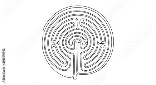 A continuous black line forms a complex circular labyrinth with multiple concentric curved pathways against a stark white background in a minimalist aesthetic style.