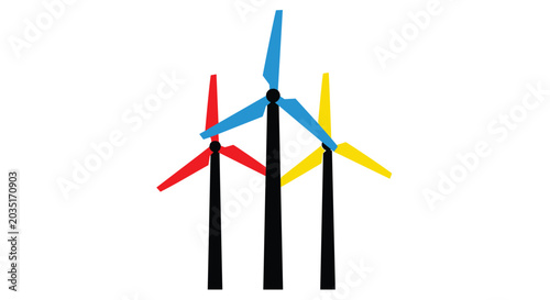 Three stylized wind turbines with black vertical towers and blades painted in vibrant red blue and yellow colors stand aligned against a solid white background.