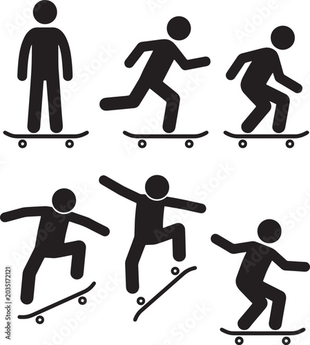 Skateboarder Silhouette Icon Set with Stick Figure Skateboard Tricks