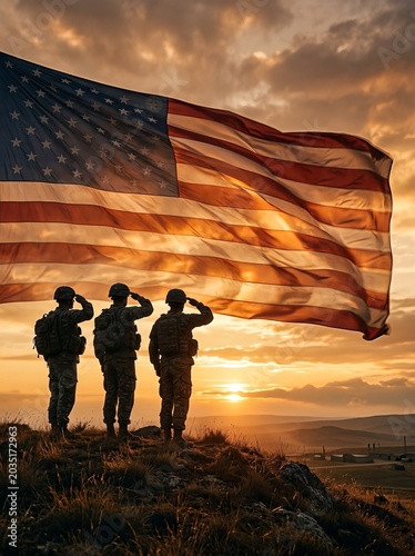 Three soldiers salute a large American flag at sunset, symbolizing patriotism and honor.