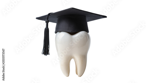 Photos Ceramic tooth wearing a black graduation cap, isolated on transparent background