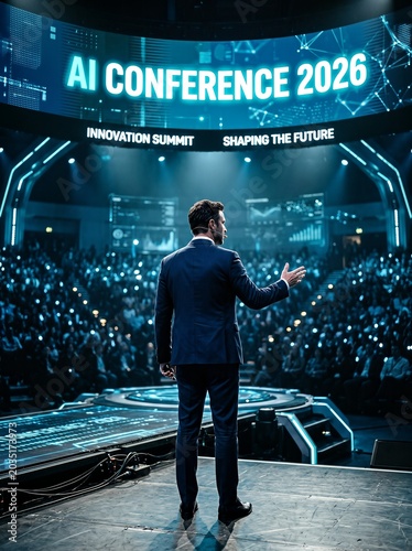 A speaker in a suit addresses a large audience at AI Conference 2026. The stage is set for innovation discussion.
